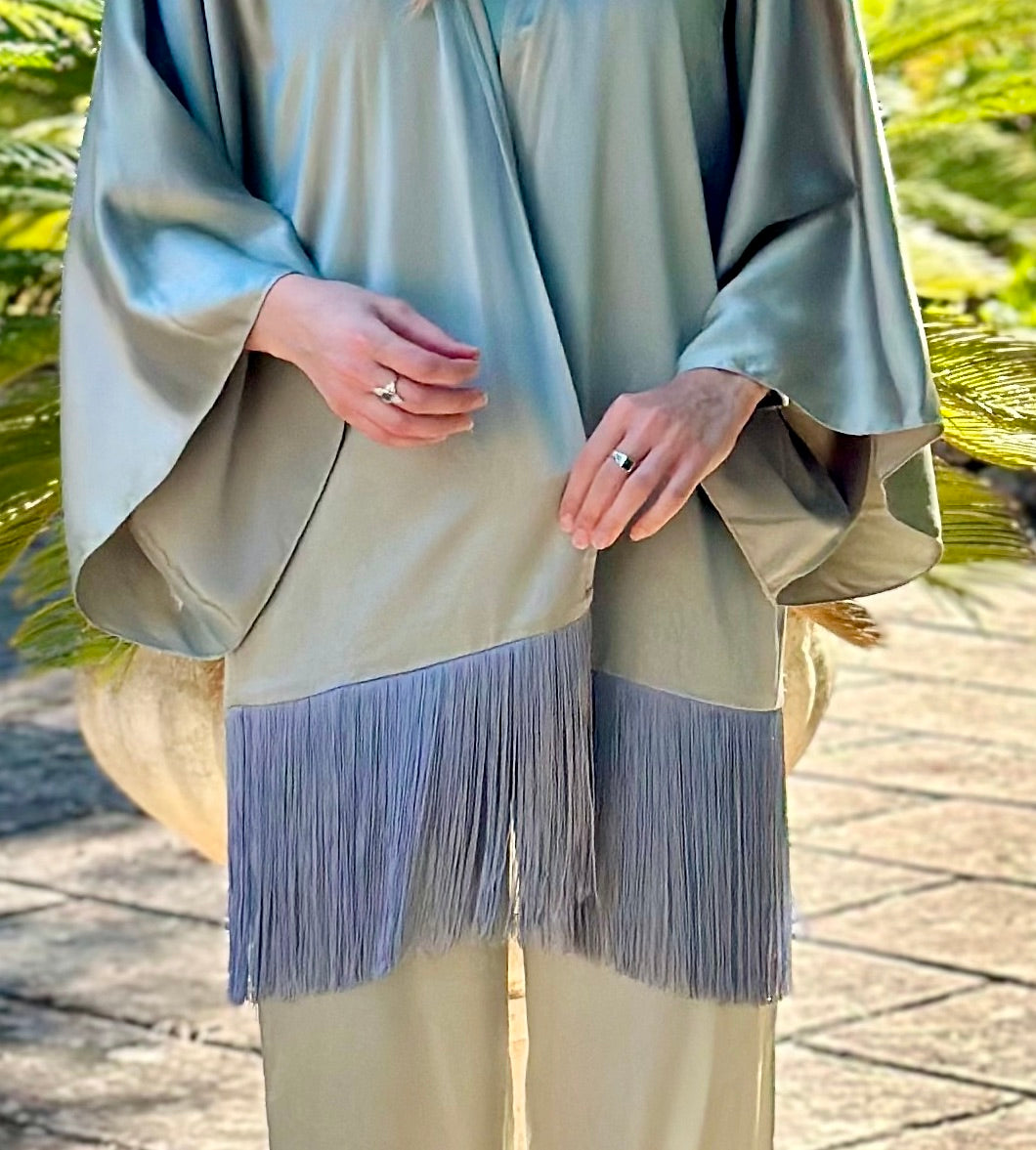 The Sage Leaf Kimono in sage green silk with fringe, fringe detail