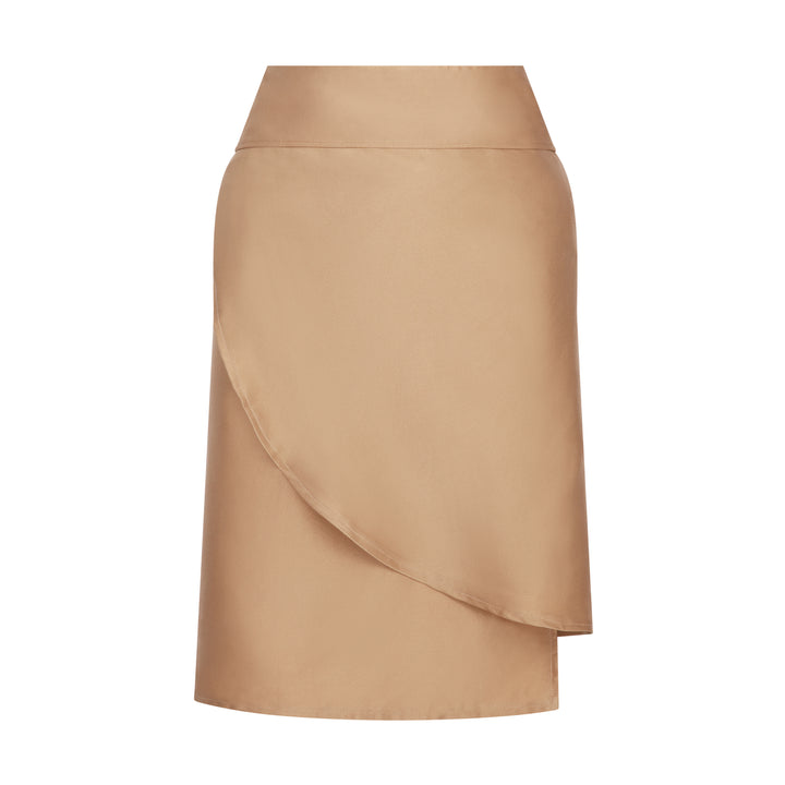 The Sand Wrap Skirt in sand silk, flat lay, studio