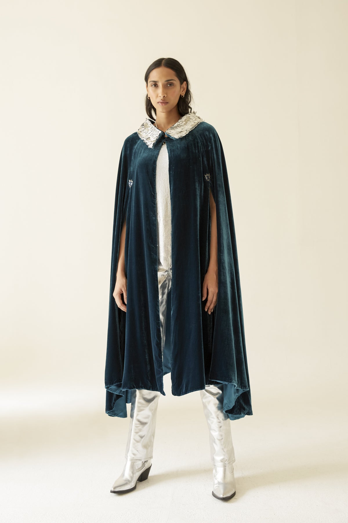 The Shining Collar Cape in petrol blue silk velvet with silver collar, front view, studio