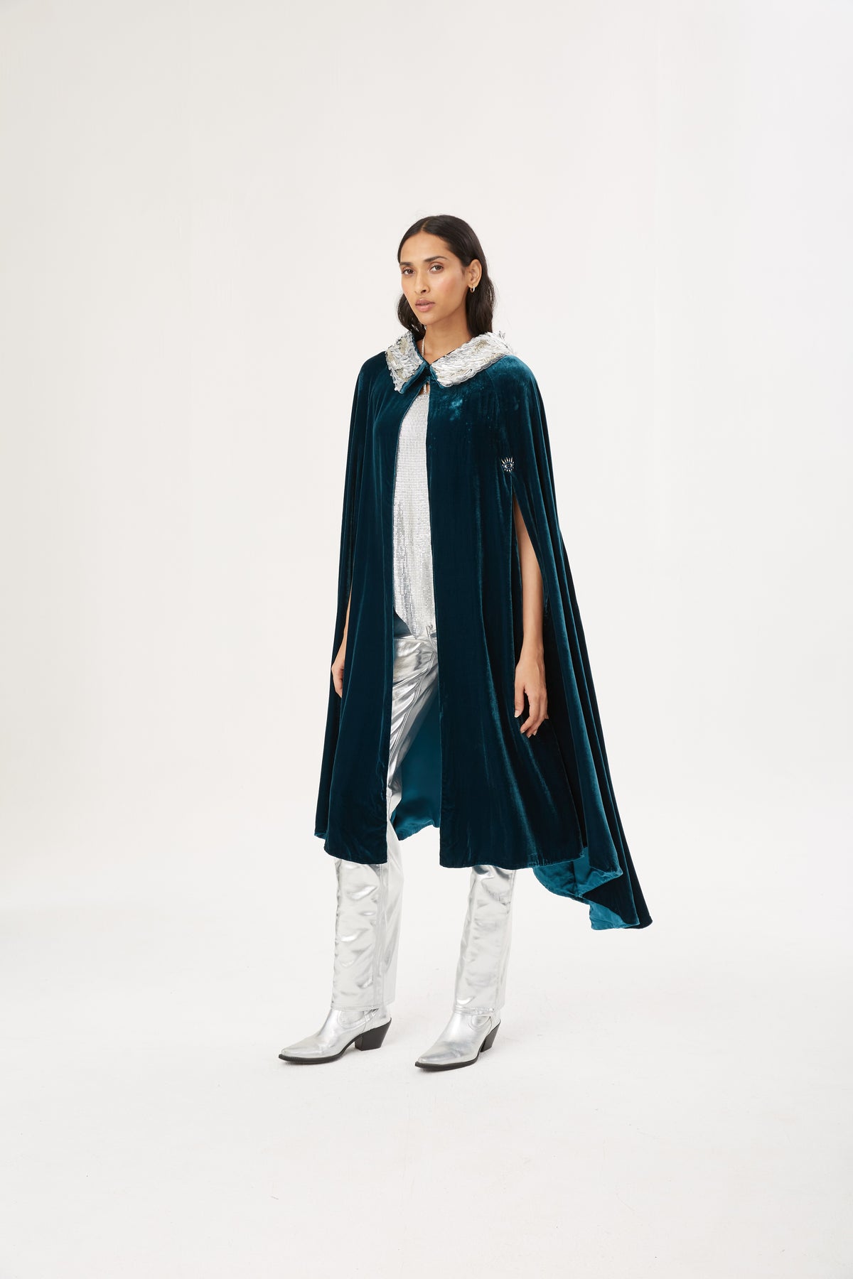 The Shining Collar Cape in petrol blue silk velvet with silver collar, full length, studio
