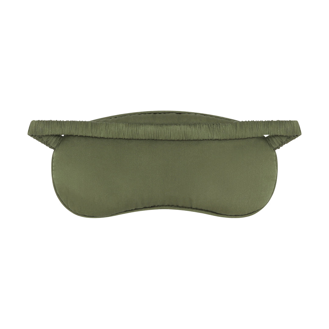 The Silk Sleeping Mask "Eyes Wide Open" in olive green silk with embroidered eyes, back, studio