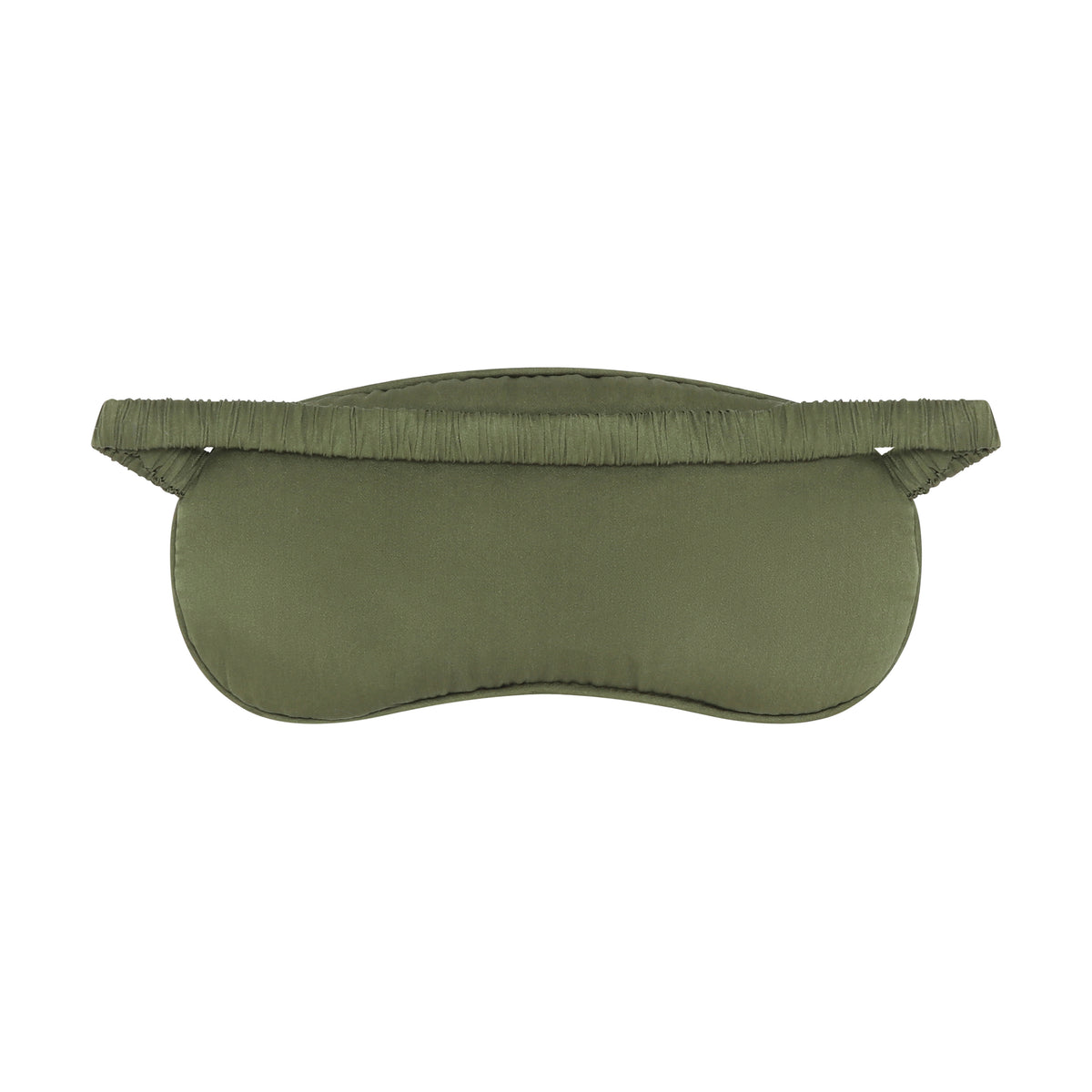 The Silk Sleeping Mask "Eyes Wide Open" in olive green silk with embroidered eyes, back, studio
