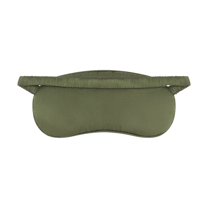 The Silk Sleeping Mask "Eyes Wide Open" in olive green silk with embroidered eyes, back, studio
