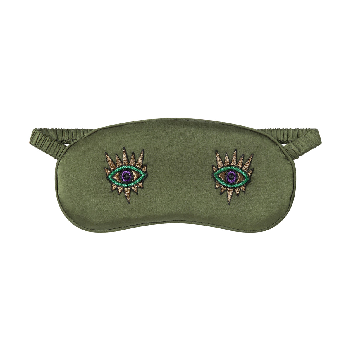 The Silk Sleeping Mask "Eyes Wide Open" in olive green silk with embroidered eyes, front, studio