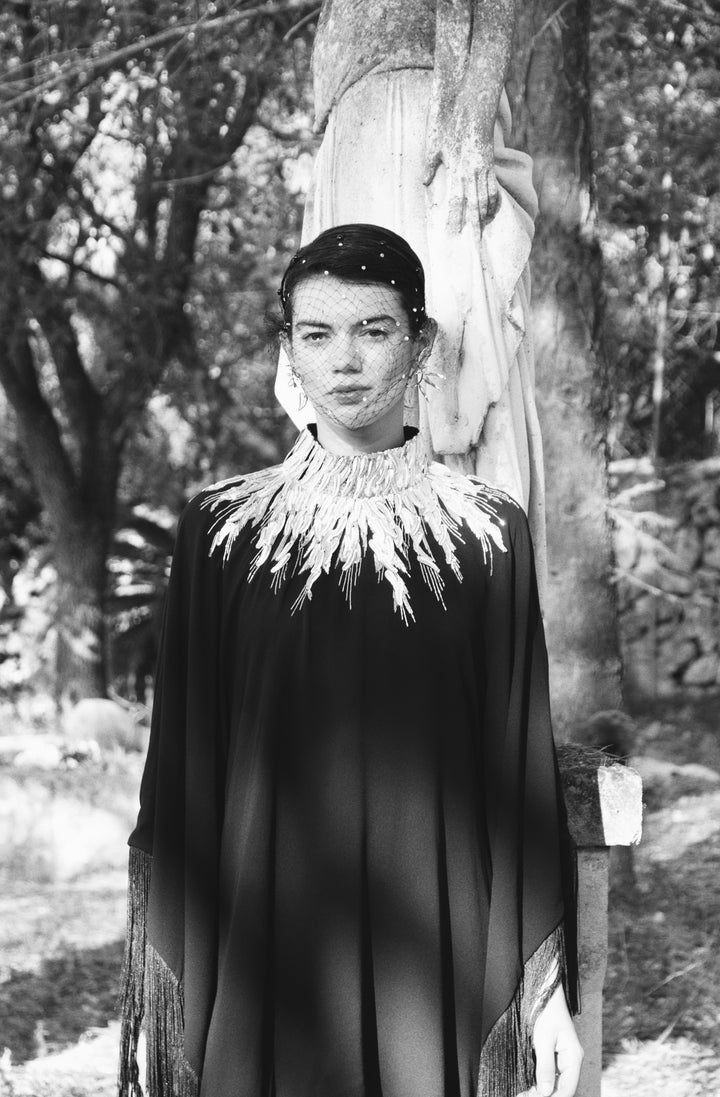 The Silver Feather Dress in black silk georgette with silver feather embroidery, black and white, woodland