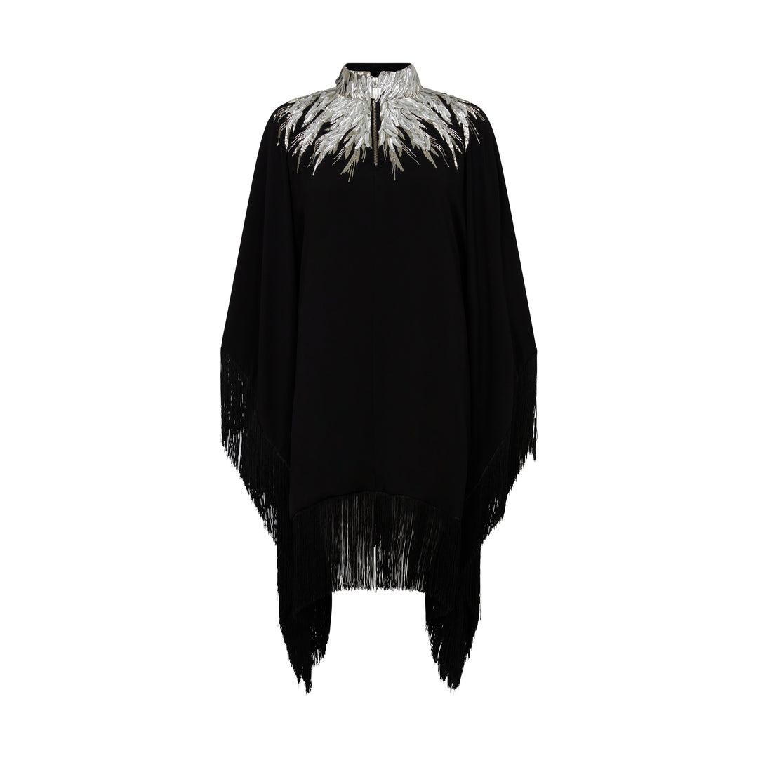 The Silver Feather Dress in black silk georgette with silver feather embroidery, flat lay back, studio