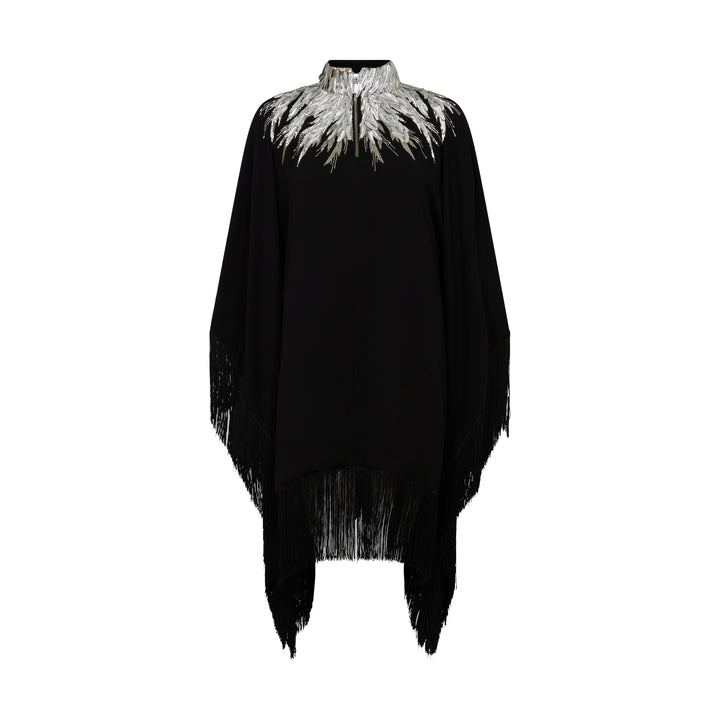 The Silver Feather Dress in black silk georgette with silver feather embroidery, flat lay back, studio