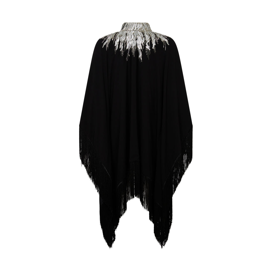 The Silver Feather Dress in black silk georgette with silver feather embroidery, flat lay front, studio