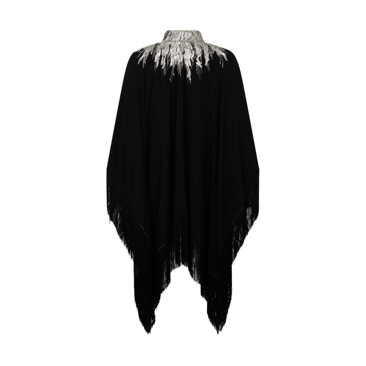 The Silver Feather Dress in black silk georgette with silver feather embroidery, flat lay front, studio
