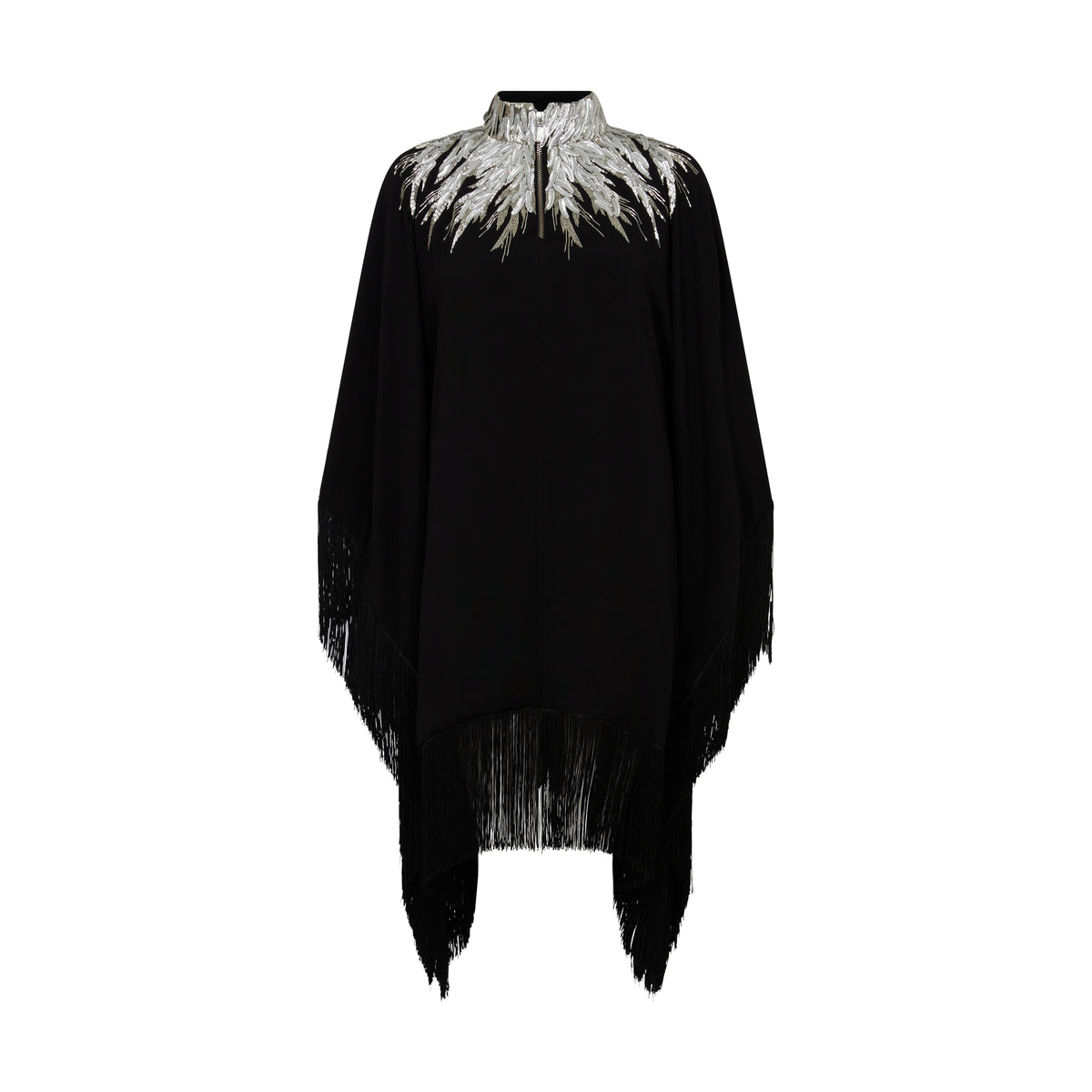 The Silver Feather Poncho in black silk georgette with silver feather embroidery, flat lay back, studio
