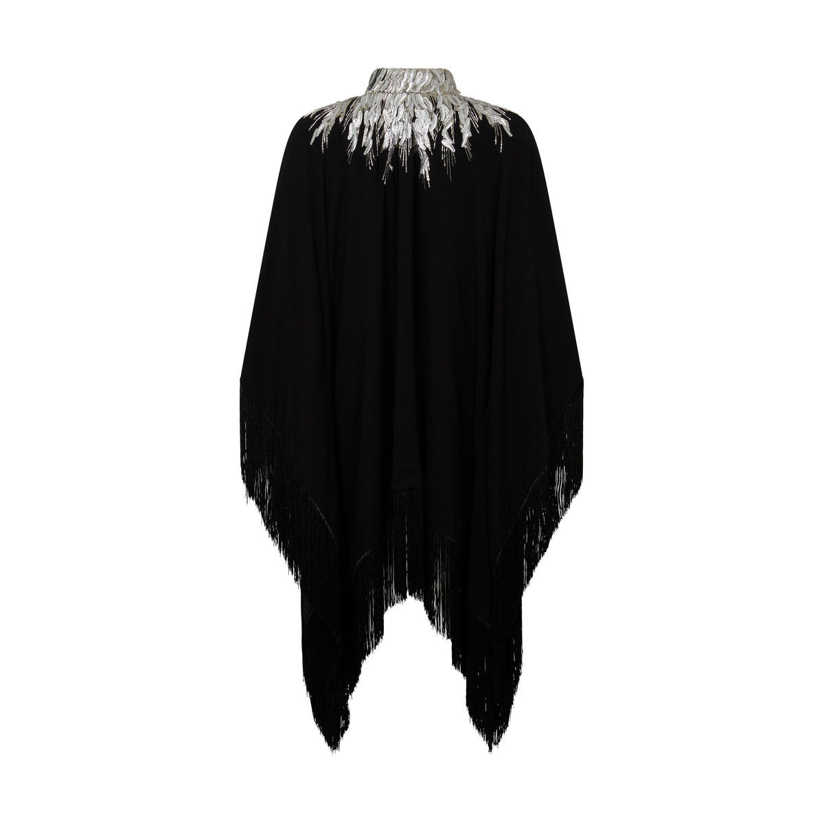 The Silver Feather Poncho in black silk georgette with silver feather embroidery, flat lay front, studio