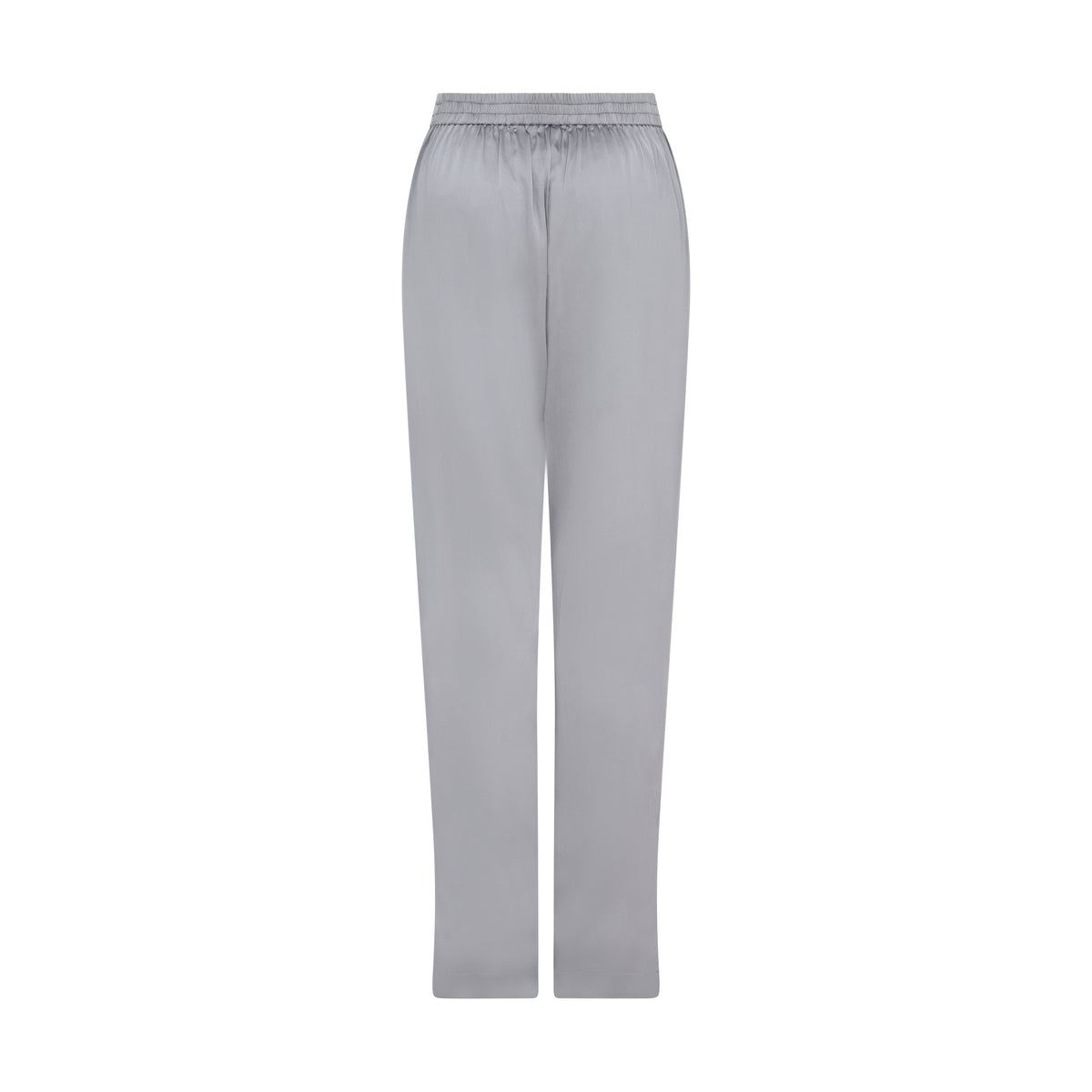The Silver Grey Trousers in silver grey silk, flat lay back, studio