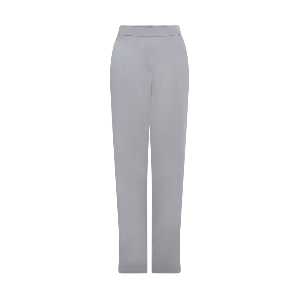 The Silver Grey Trousers in silver grey silk, flat lay front, studio