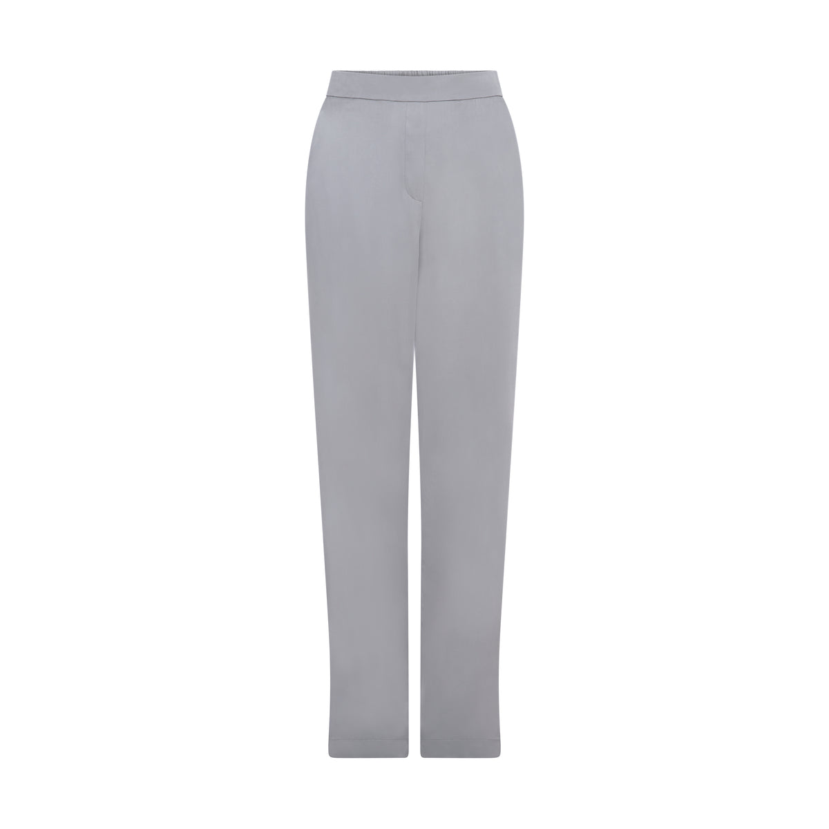The Silver Grey Trousers in silver grey silk, flat lay front, studio