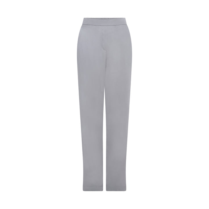The Silver Grey Trousers in silver grey silk, flat lay front, studio