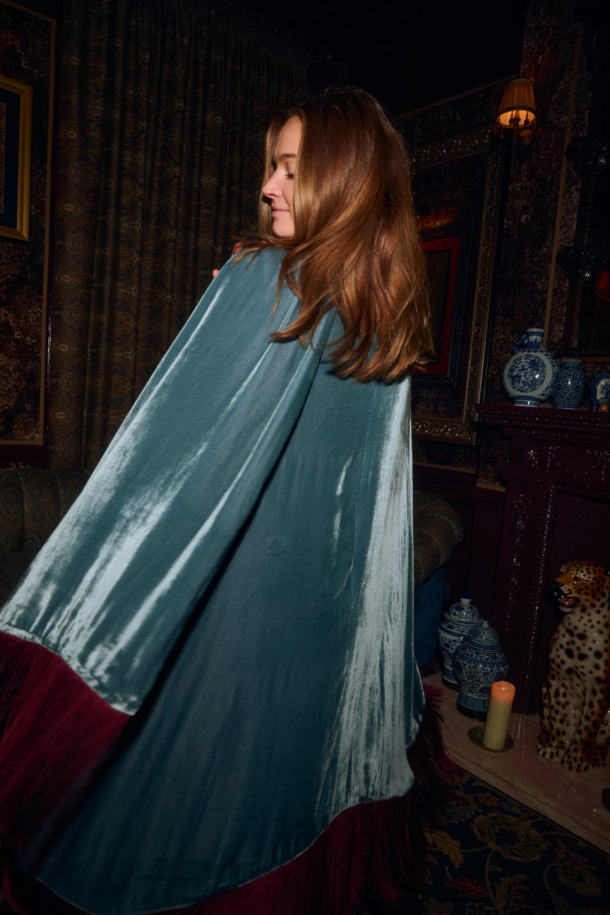 The Summer Cloud Poncho in silk velvet, worn, interior
