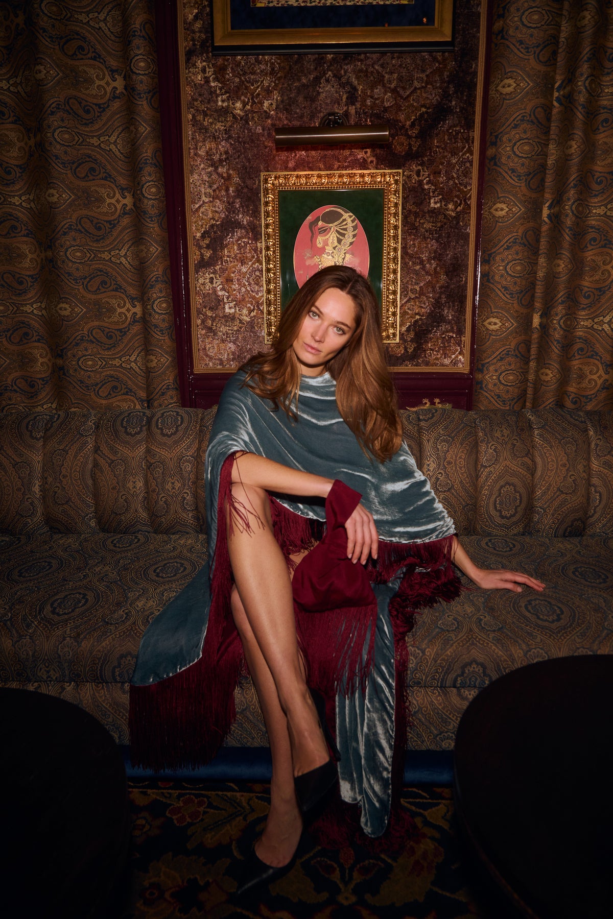 The Summer Cloud Poncho in silk velvet, worn, interior