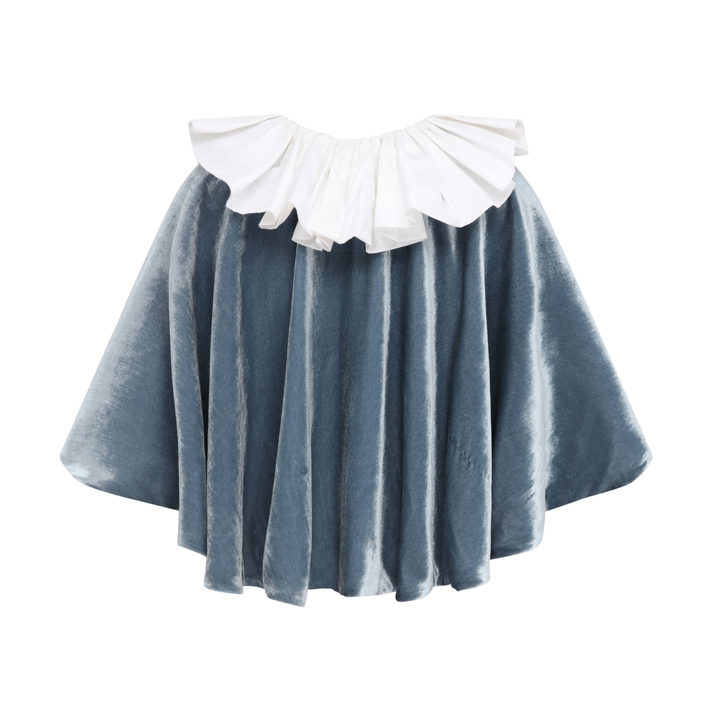 Toddler Ruffle Collar Cape in blue-grey silk velvet with white taffeta collar, flat lay back, studio