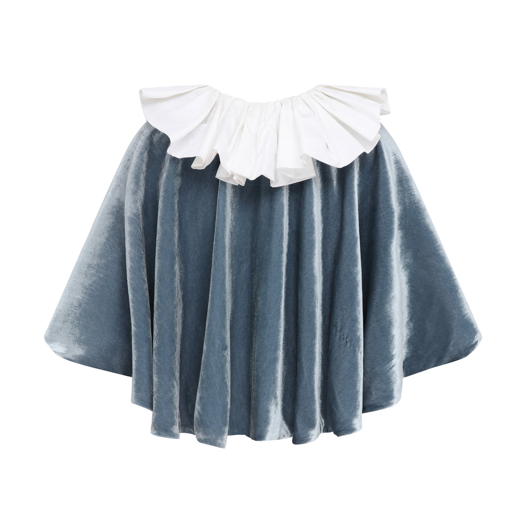 Toddler Ruffle Collar Cape in blue-grey silk velvet with white taffeta collar, flat lay back, studio