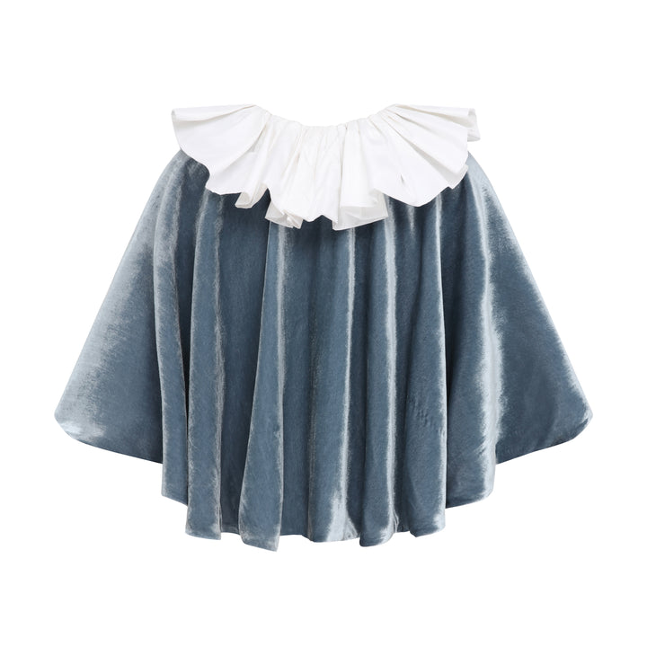 Toddler Ruffle Collar Cape in blue-grey silk velvet with white taffeta collar, flat lay back, studio