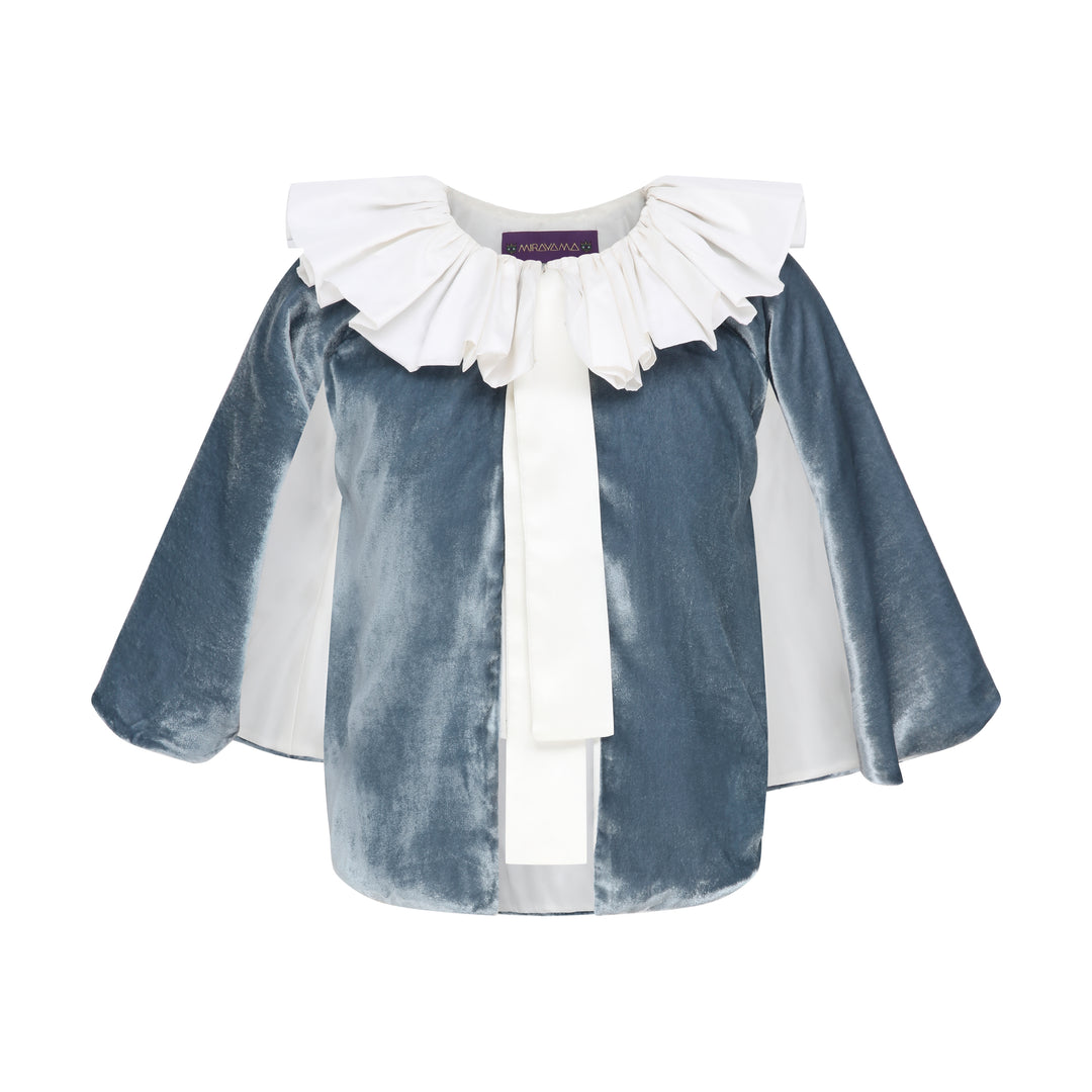 Toddler Ruffle Collar Cape in blue-grey silk velvet with white taffeta collar, flat lay front, studio