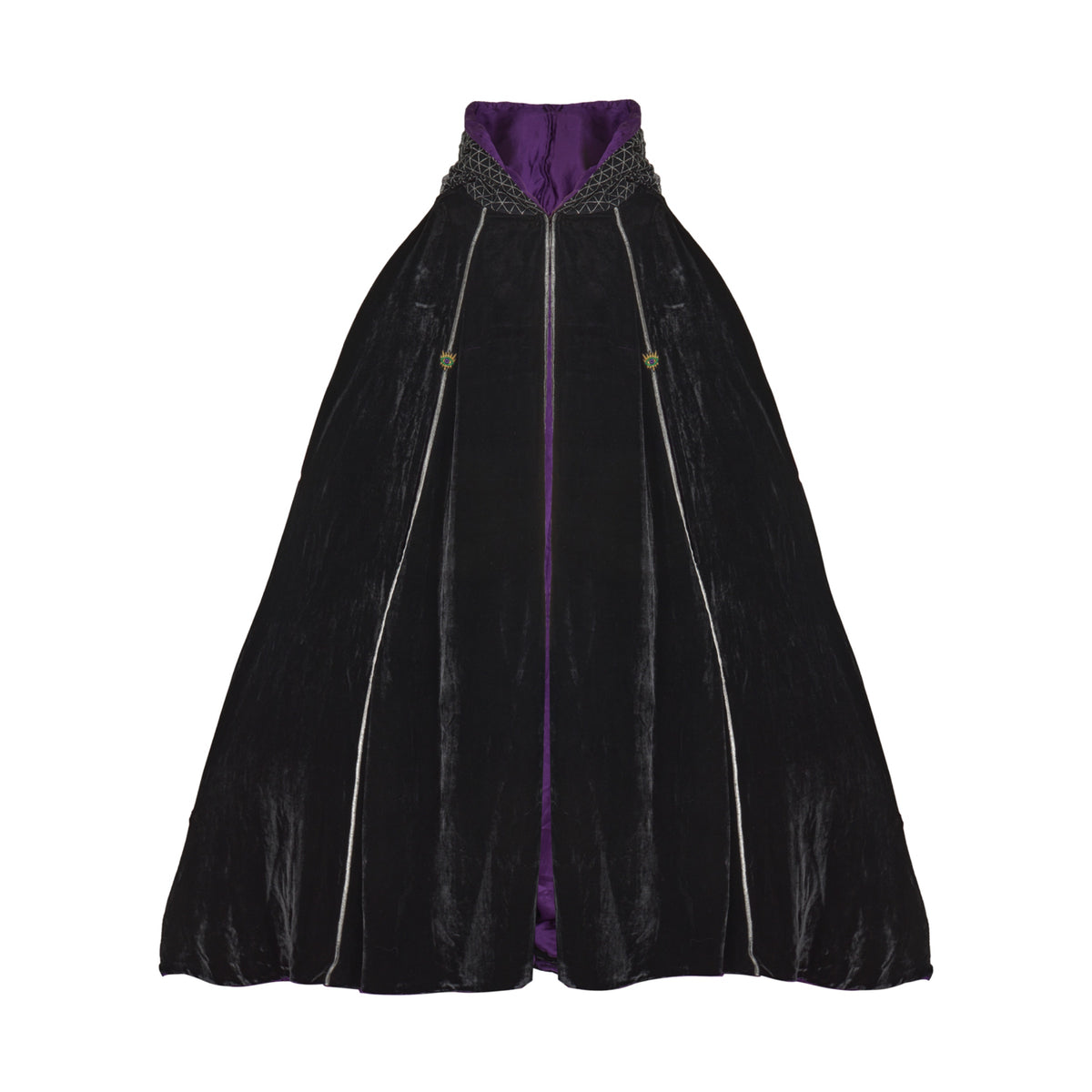 The Mystery Cape in black silk velvet with purple lining and embroidered hood, laid flat, studio