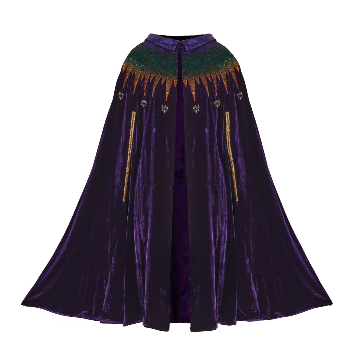The Rainbow Cape in purple silk velvet with rainbow sequin collar, laid flat, studio