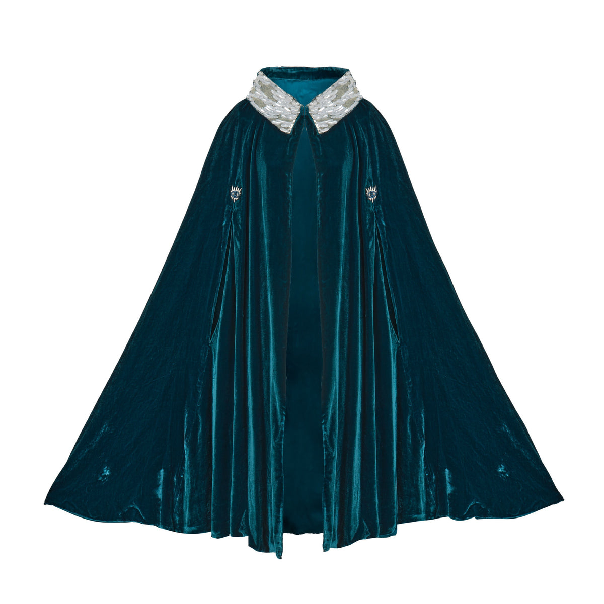 The Shining Collar Cape in petrol blue silk velvet with silver collar, laid flat, studio