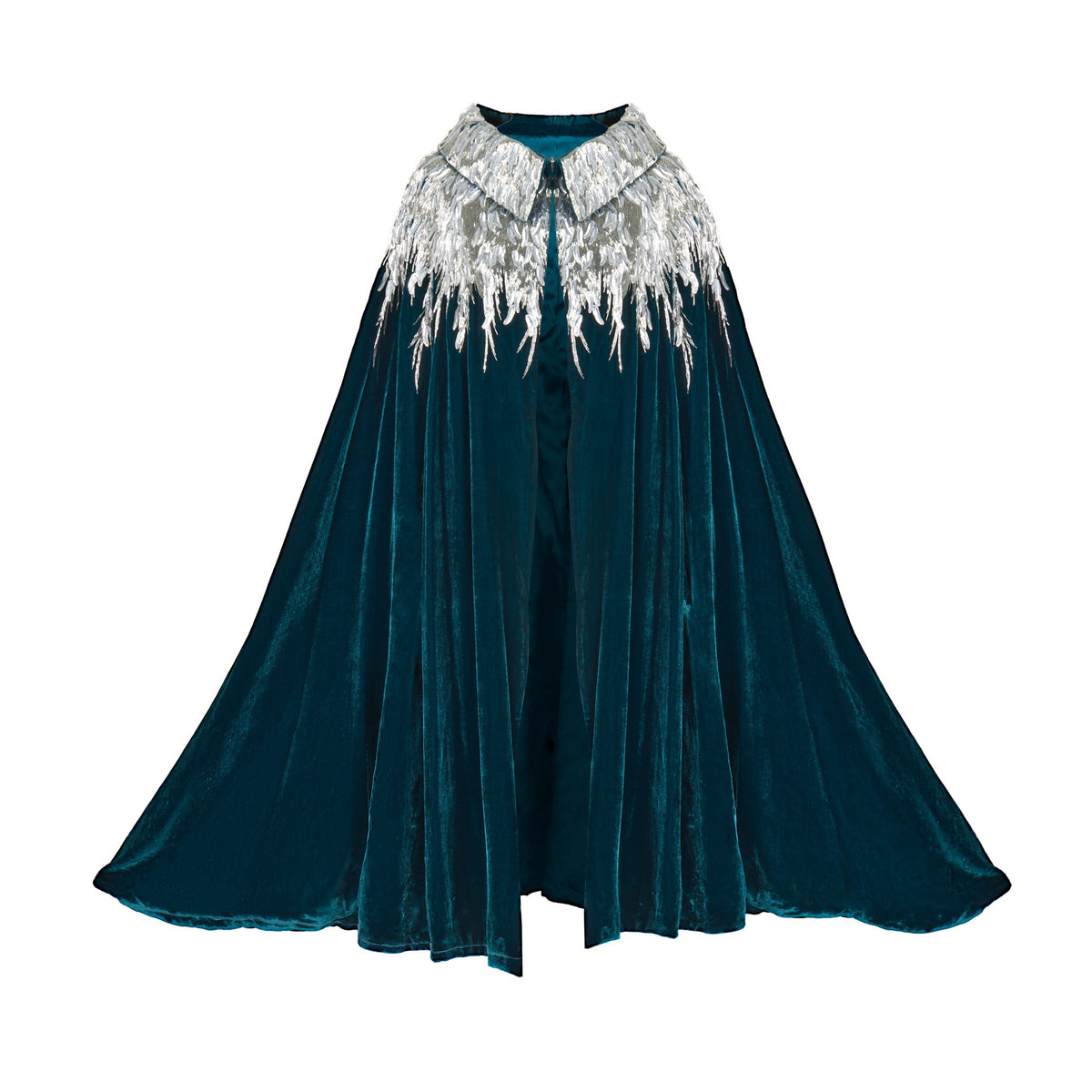 The Silver Feather Cape in petrol silk velvet with silver beaded feathers, laid flat, studio