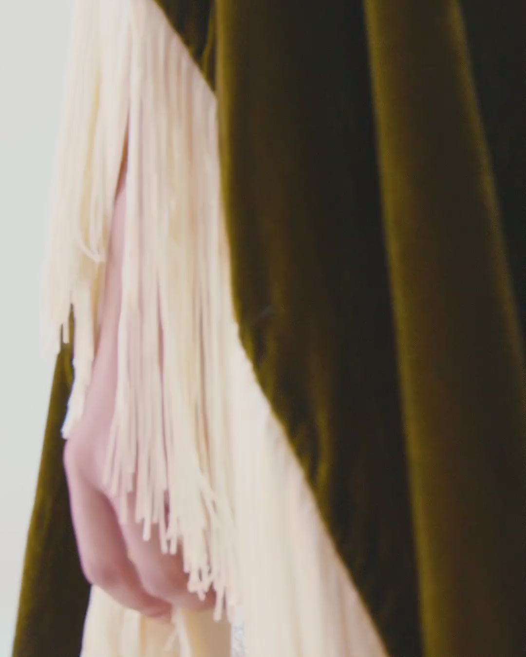 Olive silk velvet with cream fringe