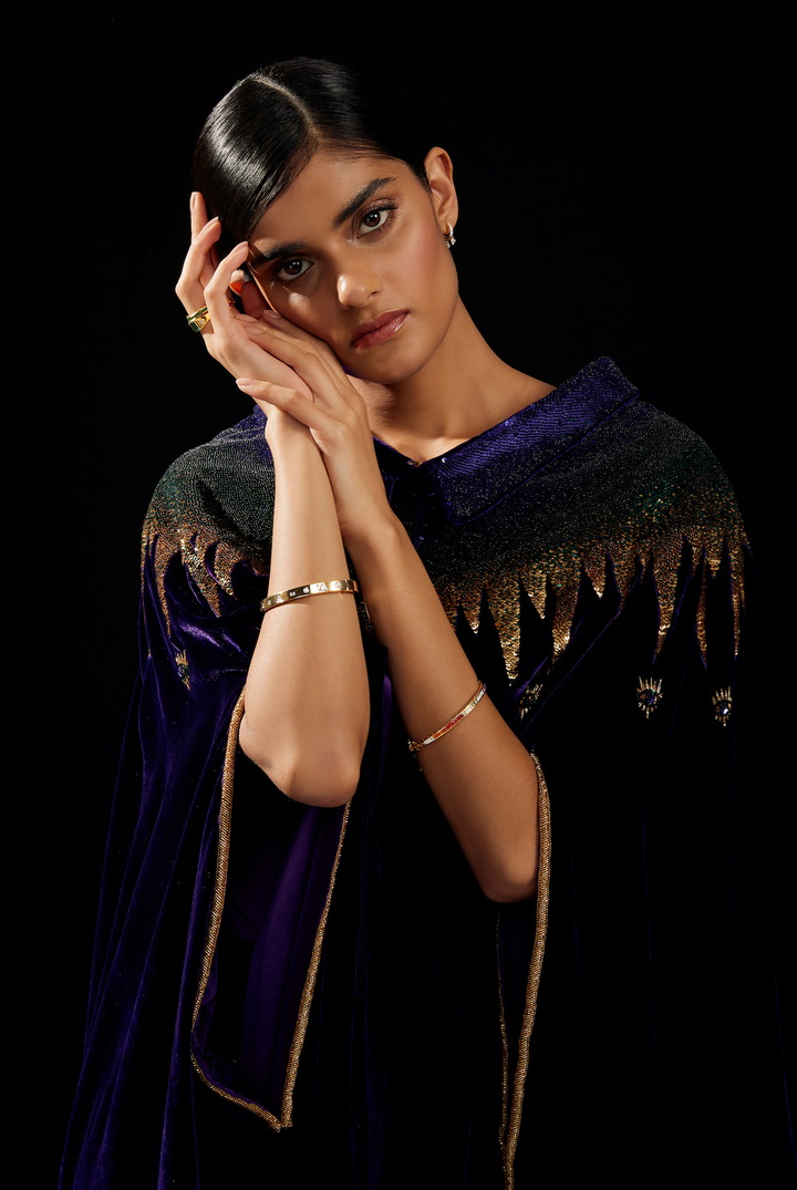 The Rainbow Cape in purple silk velvet with rainbow sequin collar, sequin collar close-up