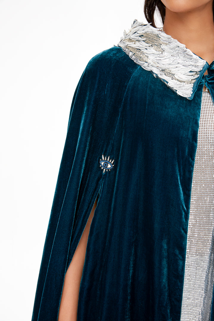 The Shining Collar Cape in petrol blue silk velvet with silver collar, collar detail, studio