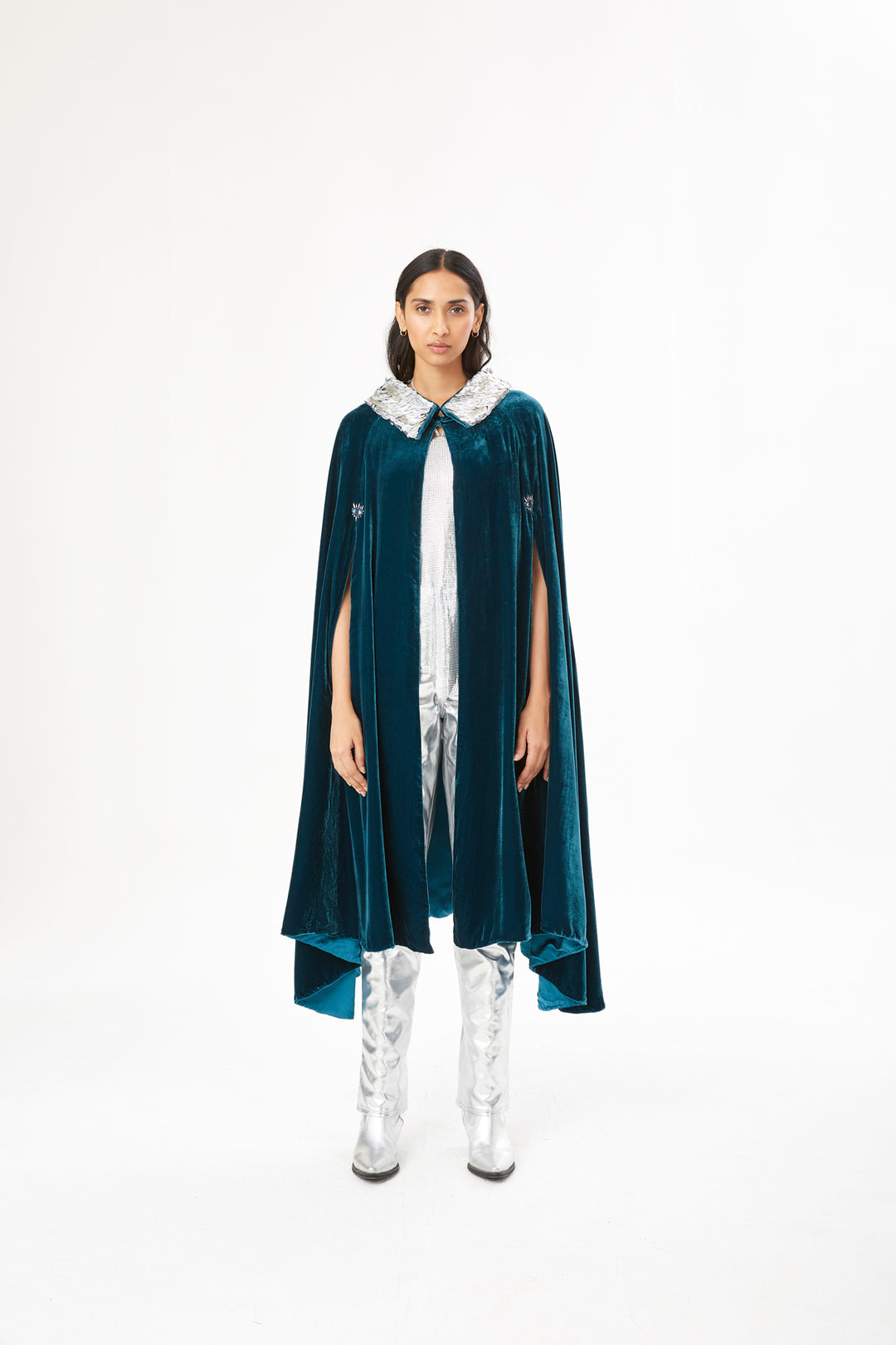 The Shining Collar Cape in petrol blue silk velvet with silver collar, front view, studio